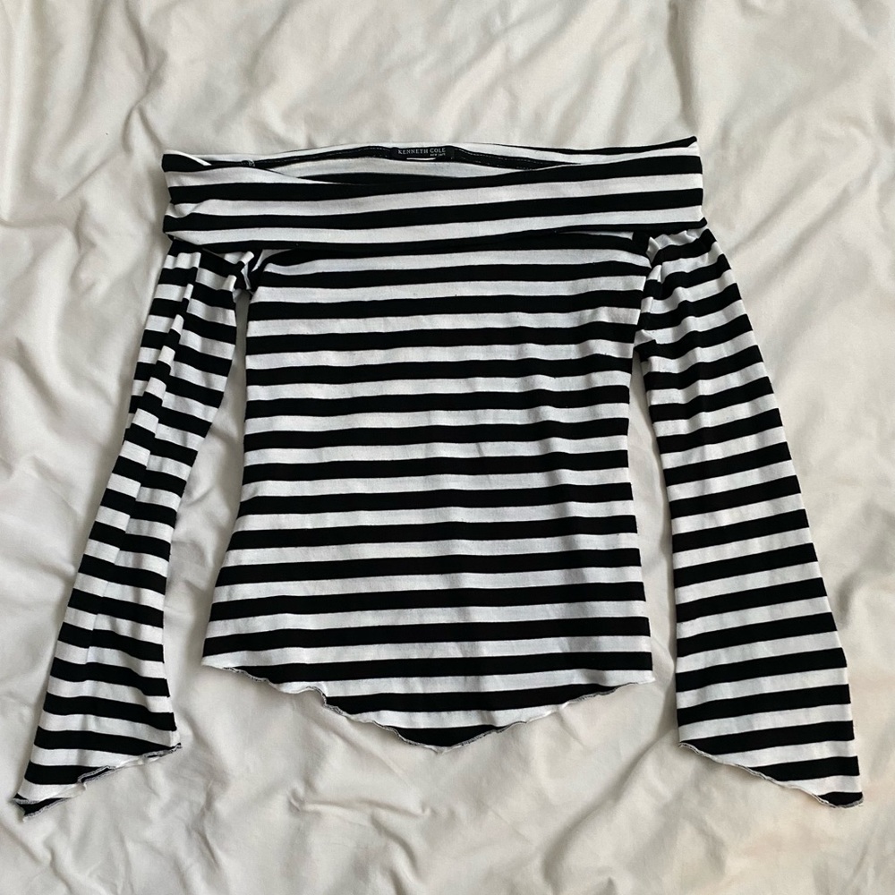 Kenneth Cole Monochrome Striped Off-Shoulder Blouse